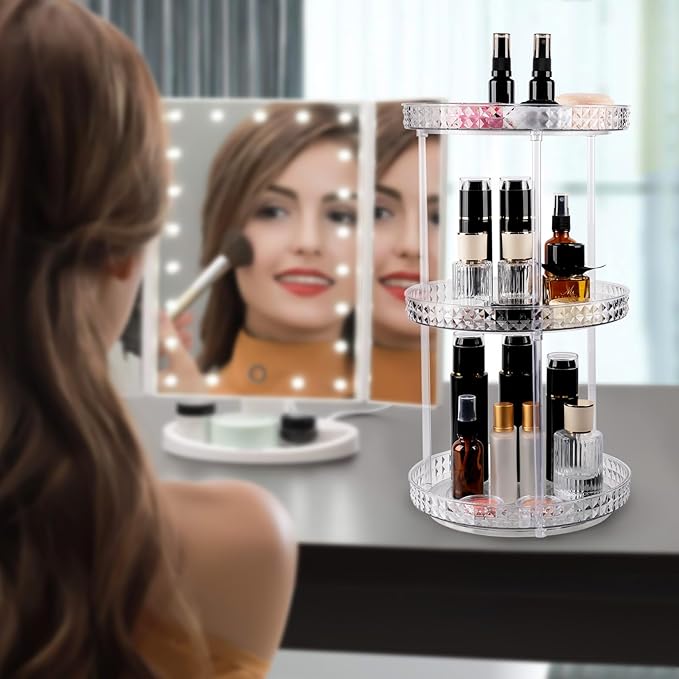 360 Clear Rotating Makeup Organize for Vanity,3 Tiers Lazy Susan with Diamond Pattern, Large-Capacity Skincare Organizers Cosmetic Display Case Organizer for Dresser (Clear White, 3Tiers)
