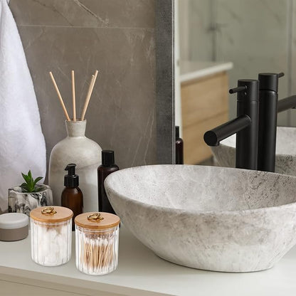 Irenare 2 Pack Glass Jars with Bamboo Lids Bathroom Canisters Apothecary Jars Set Cotton Ball Holder Bathroom Containers Cotton Dispenser Bathroom Storage Organization for Bathroom Farmhouse Favors