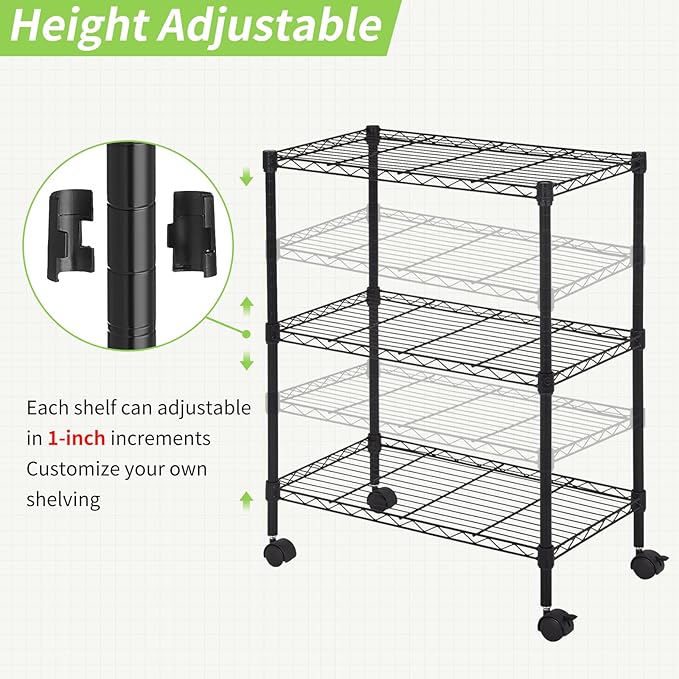 Wire Shelving 32" H x 23W x 13D Storage Shelf with Wheels Adjustable 3 Tier Metal Shelves Unit for Small Places Kitchen Storage Rack Shelf Organizer, 450Lbs Capacity, Black
