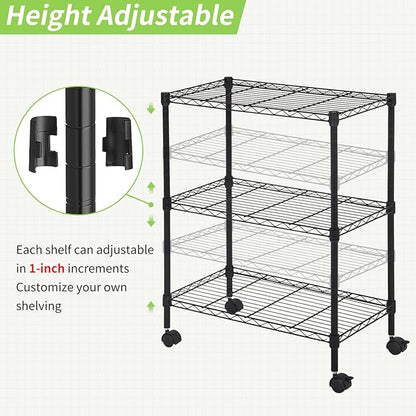 Wire Shelving 32" H x 23W x 13D Storage Shelf with Wheels Adjustable 3 Tier Metal Shelves Unit for Small Places Kitchen Storage Rack Shelf Organizer, 450Lbs Capacity, Black