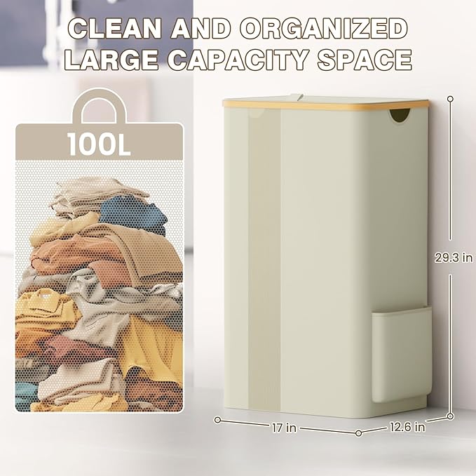 BlissTotes Laundry Basket with Lid, 100L Clothes Laundry Hamper with Handles and Removable Laundry Bag, Breathable Design Hamper with Lid for Bedroom, Bathroom, Dorm, Laundry Room - Beige