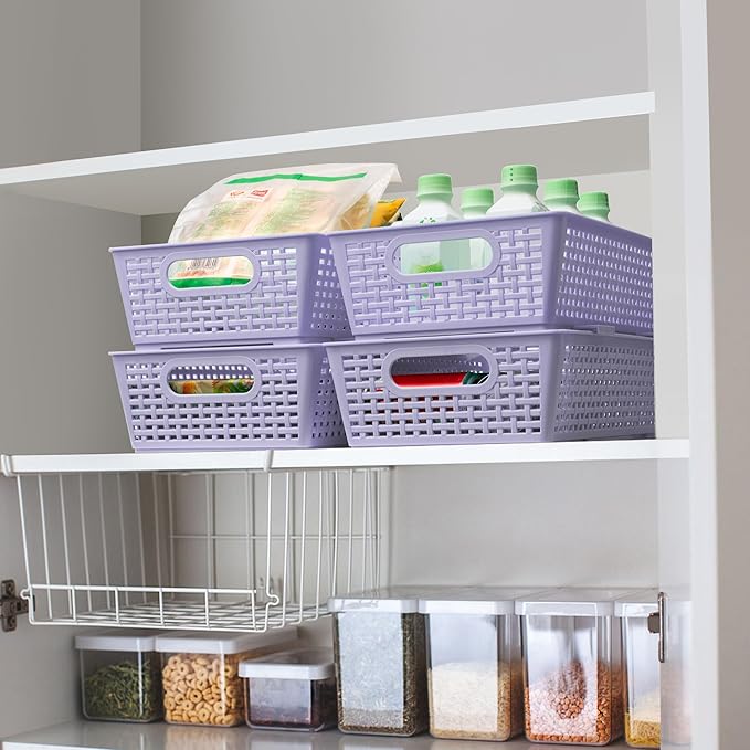 Tiawudi Stackable Woven Plastic Basket, Storage Bins for Cabinet, Closet, Shelf, Under Sink and Countertop, Pantry Organizer Bins, 6 Pack