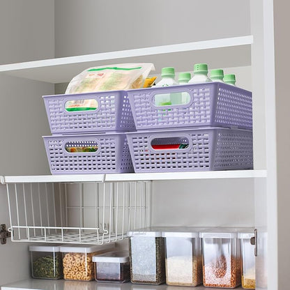 Tiawudi Stackable Woven Plastic Basket, Storage Bins for Cabinet, Closet, Shelf, Under Sink and Countertop, Pantry Organizer Bins, 6 Pack