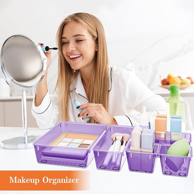 SpaceHacks 25 PCS Plastic Drawer Organizer Set, 4-Size Versatile Organizer Trays & Storage Bins for Makeup, Jewelry, and Gadgets in Bathroom, Bedroom and Office,Clear Purple