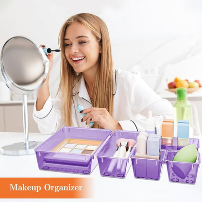 SpaceHacks 25 PCS Plastic Drawer Organizer Set, 4-Size Versatile Organizer Trays & Storage Bins for Makeup, Jewelry, and Gadgets in Bathroom, Bedroom and Office,Clear Purple