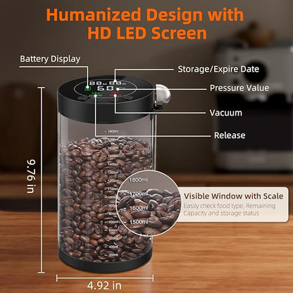 Electric Vacuum Coffee Canister, 2.0L Glass Airtight Food Storage Containers with Smart Pressure Sensor, Automatic Coffee Bean Container Rechargeable with LED Display Window for Kitchen Food Storage
