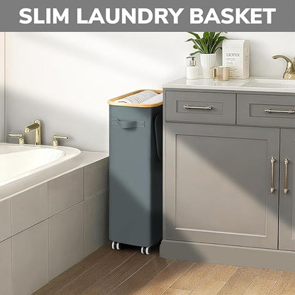 Goodpick Slim Laundry Basket with Wheels and Lid, 75L Rolling Dirty Clothes Hamper for Dorm Bathroom, Large Laundry Hamper with Bamboo Frame Removable Bag, 17" x 9.8" x 29.5", Gray