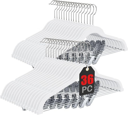 Korpai 36-Pack White Velvet Hangers with Clips Adjustable,Adult Hangers,Outfit Hanger,Heavy-Duty,Felt,Non-Slip,Space Saving, for Pants, Skirts, Suits,Coats, Dresses ect.