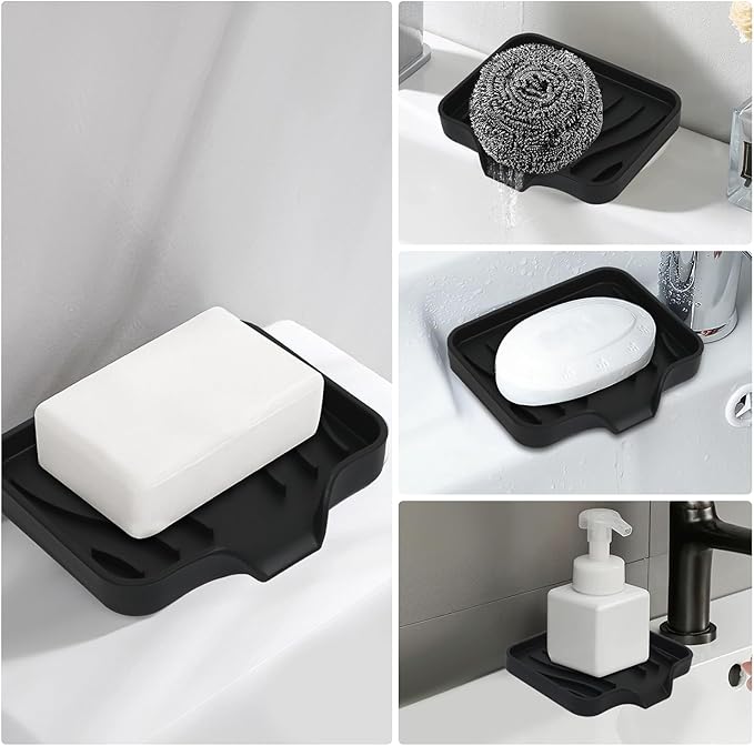 2 Pack Silicone Soap Dish with Drain, Bar Soap Holder for Shower,Bathroom and Kitchen Sink Organizer,Self Draining Waterfall Soap Tray (Black)