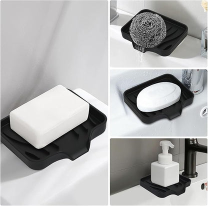 2 Pack Silicone Soap Dish with Drain, Bar Soap Holder for Shower,Bathroom and Kitchen Sink Organizer,Self Draining Waterfall Soap Tray (Black)