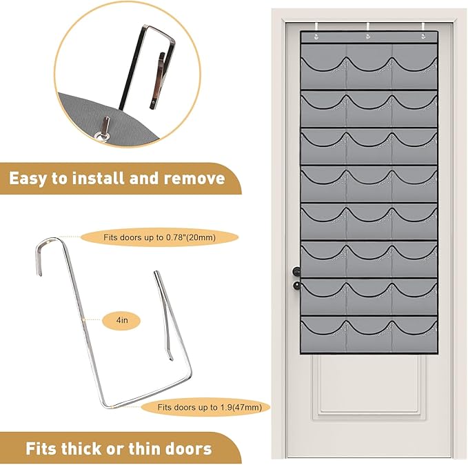 BiCINE Hat Rack for Baseball Caps, 24 Pocket Over The Door Hat Organizer Storage, Hat Holder for Door with 3 Hooks, Grey - 1 Pack