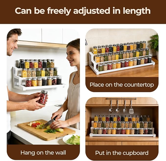 3-Tier Spice Rack Organizer for Kitchen Cabinet or Pantry, 16"-29" Expandable Spice Organization Shelf, Seasoning Organizer, Metal Display Shelf, Slip-Resistant Design for Jars and Bottles, White