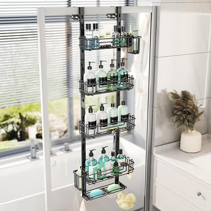 HapiRm 5 Tier Over the Door Shower Caddy, Hanging Shower Caddy with 28 Hooks and 2 Toothbrush Holders, No Drilling Adjustable Hanging Bathroom Organizer - Black
