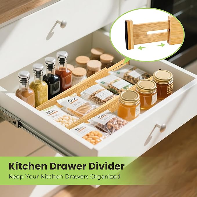 Fyvva Drawer Divider, Adjustable Bamboo Kitchen Drawer Organizer, Spring Loaded Drawer Organizer, Dresser Separators for Kitchen, Bathroom, Clothes, Office Desk Storage (Natural, 8 Pack Large)