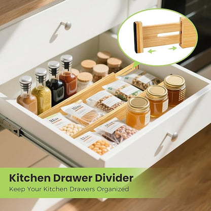 Fyvva Drawer Divider, Adjustable Bamboo Kitchen Drawer Organizer, Spring Loaded Drawer Organizer, Dresser Separators for Kitchen, Bathroom, Clothes, Office Desk Storage (Natural, 8 Pack Large)