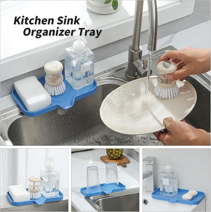 MicoYang Silicone Bathroom Soap Dishes with Drain Spout Bathroom and Kitchen Sink Organizer,Sponge Holder,Dish Soap Tray,Perfect for Dispenser,Scrubber,Bottle,Cup on Counter Lichen Blue 9.6"×5.3"