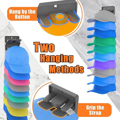 Hat Organizer for Baseball Caps 2-Pack, Hat Rack for Wall with Built-in Spring Clips, Wall Mount Closet/Door Hat Rack Holder, Cap Storage Display Hanger, Adhesive & Screws, Matte Black