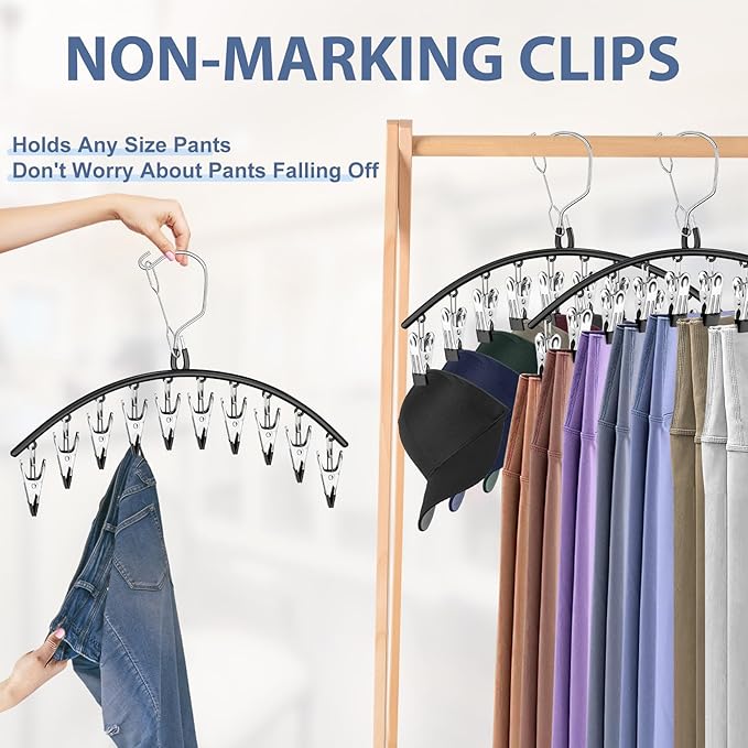 3 Pack Skirt Pants Hangers with Clips, Legging Organizer for Closet Hanging with 10 Cilps Holds 30 Leggings/Shorts/Jeans/Skirts Pants Hangers Space Saving Closet Organizers and Storage, Grey