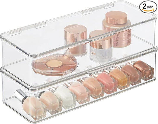 mDesign Makeup Storage Stackable Organizer Box for Bathroom Vanity, Countertops, Drawers - Holds Blenders, Eyeshadow Palettes, Lipstick, Lip Gloss, Makeup Brushes - Hinged Lid - 2 Pack - Clear