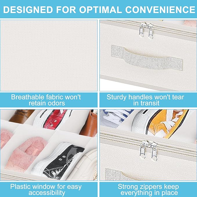 Under Bed Shoe Storage Organizer for Closet, 32 Pairs Sturdy Underbed Shoe Storage Boxes Bins Container Foldable Shoes Storage with Reinforced Handles & Clear Window for College Dorms Beige, Set of 2