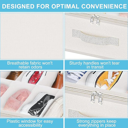 Under Bed Shoe Storage Organizer for Closet, 32 Pairs Sturdy Underbed Shoe Storage Boxes Bins Container Foldable Shoes Storage with Reinforced Handles & Clear Window for College Dorms Beige, Set of 2