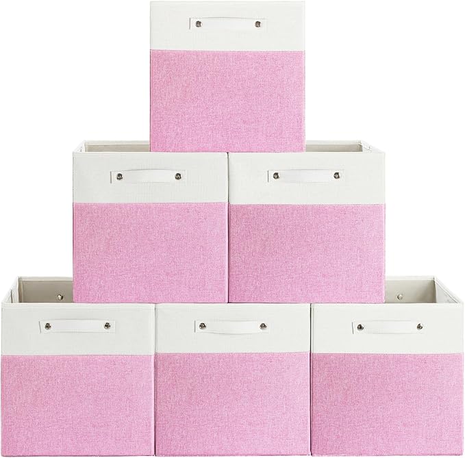 FinishingBo 13 x 13 Inch Fine Linen Storage Bins with Handles，Fabric Cube Boxs，Basket Organizers for Shelves for Home, Closet Drawers (White/Pink-6 Pack)