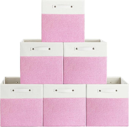 FinishingBo 13 x 13 Inch Fine Linen Storage Bins with Handles，Fabric Cube Boxs，Basket Organizers for Shelves for Home, Closet Drawers (White/Pink-6 Pack)