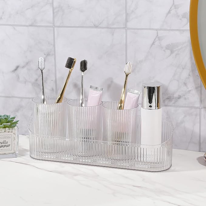 DASITON Makeup Brush Holder Organizer with 4 Cup, Vintage Striped Make Up Brush Holder for Vanity, Bathroom Toothbrush Holders, Acrylic Cosmetic Brushes Storage Organizer Pen Holder (Clear+Clear)