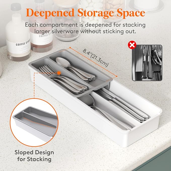Lifewit Compact Silverware Organizer for Kitchen Drawer, Narrow Flatware Tray Holder, Plastic Cutlery Spoons, Forks and Knives Storage, White&Gray, 2 Pack