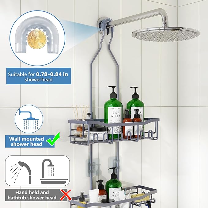 Shower Caddy, Upgraded Extended Length Shower Caddy Over Showerhead No Blocking to Showerhead, Rustproof Bathroom Organizers and Storage with Hooks Shampoo Soap Holder, Large Hanging Caddy