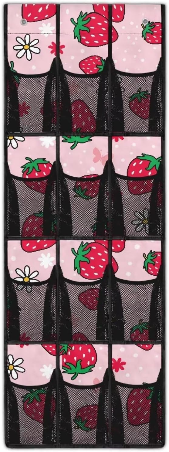 Pink Door Hanging Shoe Organizer Mesh Fabric Over The Door Shoe Organizer for Closet 12 Pockets Strawberry Wall Hanging Storage Space Saving Shoe Holder Hanger