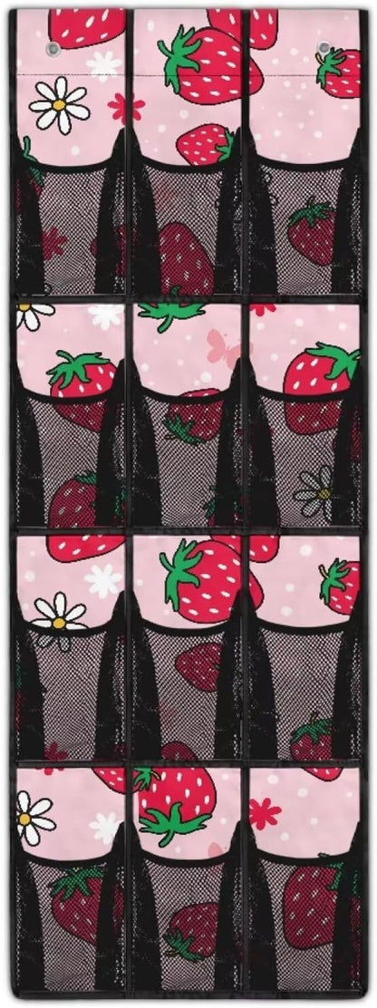 Pink Door Hanging Shoe Organizer Mesh Fabric Over The Door Shoe Organizer for Closet 12 Pockets Strawberry Wall Hanging Storage Space Saving Shoe Holder Hanger
