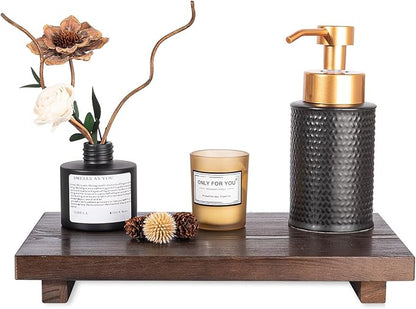 Bathroom Counter Organizer Wood Pedestal Stand Farmhouse Decorative Tray Soap Holder for Kitchen Decor, Large 11.8" x 7" - Walnut