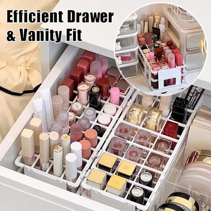 OULIGET Makeup Storage Organizer Rack,Lipstick Lipgloss Display Organizer,Detachable Makeup Brush Air Drying Rack,Perfect Storage Solution for Drawer and Vanity,0.9"+0.66" (24-hole + 60-hole)