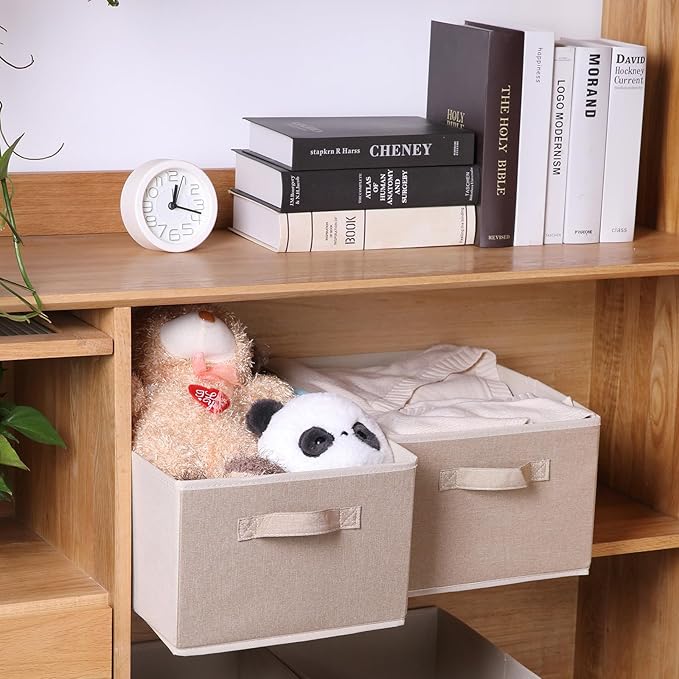 Collapsible Sorage Bins, Storage Cubes Baskets Collapsible Fabric Storage Boxes with Handles for Home and Office (Set of 4, Beige, 15.4 x 11.4 x 7.91inch)