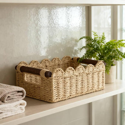 Cute Scalloped Basket, Handwoven Toilet Paper Storage with Built-in Handles, Wicker Basket for Organizing, Decoration and Home(Set of 2)