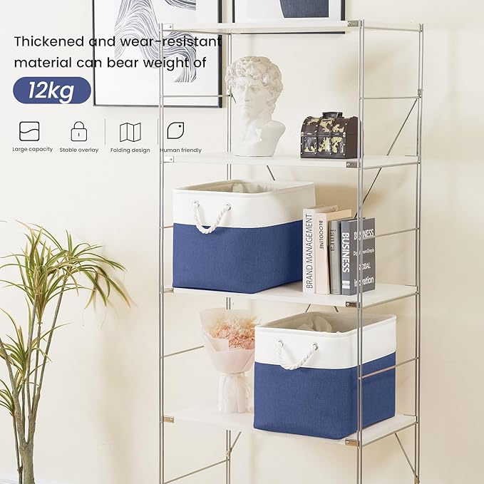 Large Storage Baskets- 16x12x12 inch Storage Bins for Shelves and Closet Organizing, Foldable Fabric Bin for Home Organization Clothes and Laundry (1-Pack, White&Blue)