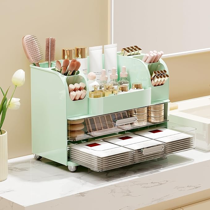 Makeup Organizer for Vanity with 2 Large Drawers, Cosmetic Display Case with Brush Holders, Easy to Storage for Bathroom Countertop Skincare, Perfume, Green