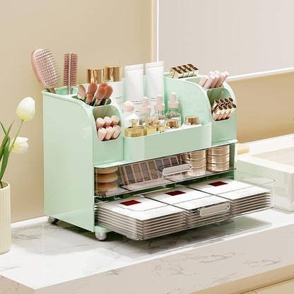 Makeup Organizer for Vanity with 2 Large Drawers, Cosmetic Display Case with Brush Holders, Easy to Storage for Bathroom Countertop Skincare, Perfume, Green