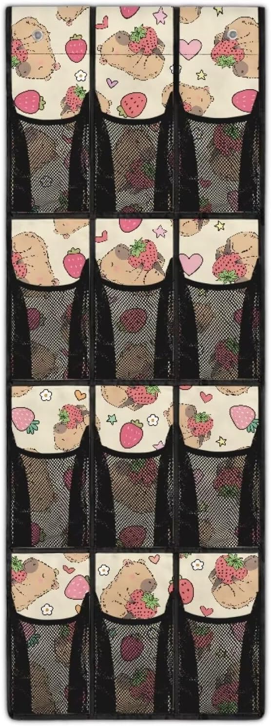 Cute Capibala Over The Door Shoe Organizer 12 Pockets Wall Hanging Storage for Living Room Strawberry Door Hanger Organizer Mesh Fabric Flower Shoe Holder Hanger for Kindergarten