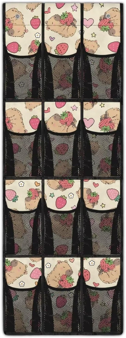 Cute Capibala Over The Door Shoe Organizer 12 Pockets Wall Hanging Storage for Living Room Strawberry Door Hanger Organizer Mesh Fabric Flower Shoe Holder Hanger for Kindergarten
