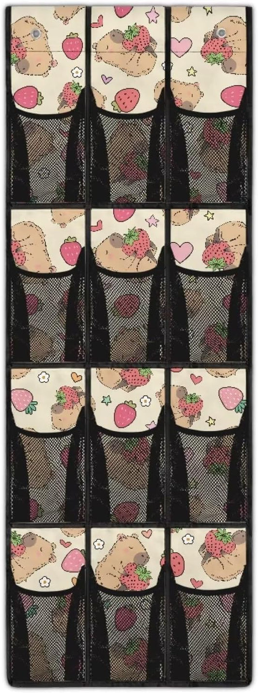 Cute Capibala Over The Door Shoe Organizer 12 Pockets Wall Hanging Storage for Living Room Strawberry Door Hanger Organizer Mesh Fabric Flower Shoe Holder Hanger for Kindergarten