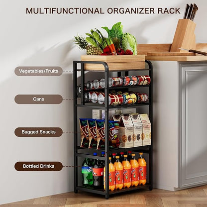 Soda Can Organizer for Pantry, 5-Tier Storage Shelf, Kitchen Organizers and Storage, Multifunctional Snack Organizer Rack, Standing Can Rack for Pantry/Kitchen (Black)
