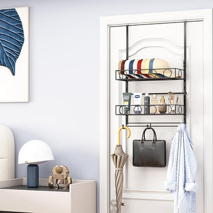 Over Door Hat Organizer 3 Tier Wall Mounted Hat Rack with 2 Adjustable Metal Basket and 3 Hooks Hat Organizer for Baseball caps Hat Hanger Holder Display for Door Closet, Cap Organizer Storage