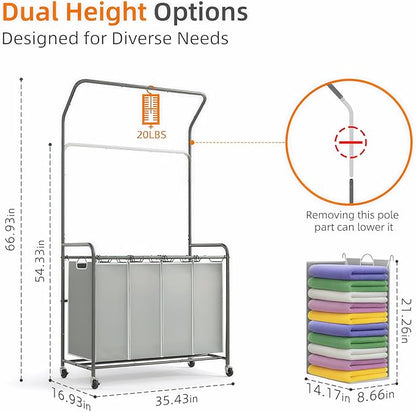 ROMOON Laundry Hamper Sorter Cart: 4 Section Organizer with Hanging Bar and Heavy-duty Lockable Wheels | 180L Rolling Laundry Basket with Clothes Rack in Laundry Room or Small Spaces (Grey)