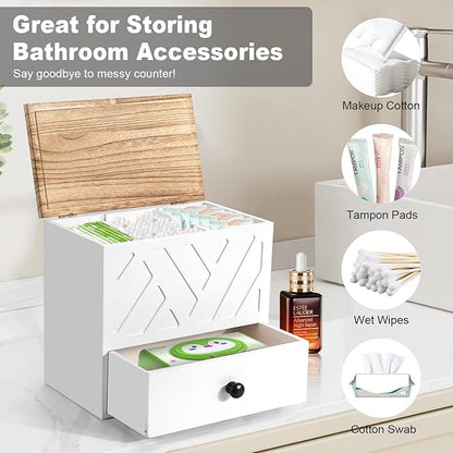 Tampon Holder for Bathroom, Feminine Product Organizer with Lid and Drawer, Shark Week Pad Storage, Wooden Tampon Organizer for Toilet Countertop Decor, Girl Stuff Box Toilet Bathroom Accessories