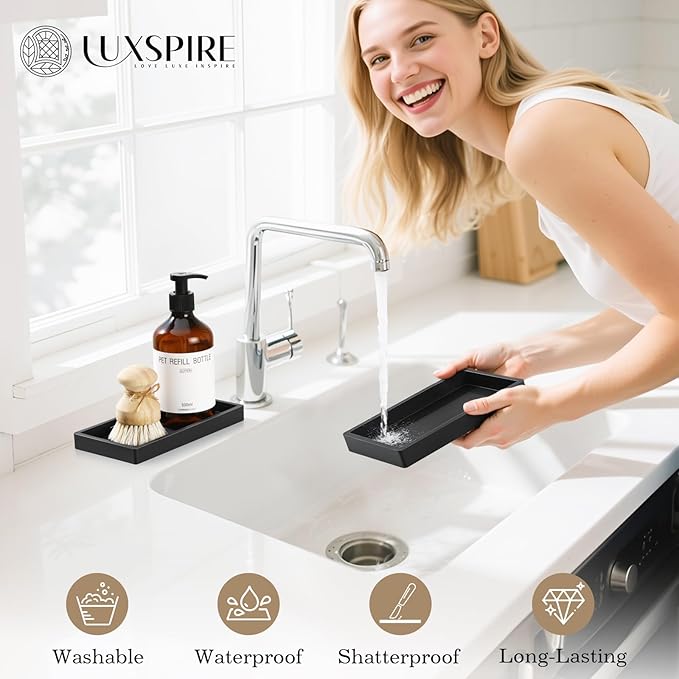 Luxspire Bathroom Vanity Tray - 2 Pack (7.9" x 4") Silicone Soap Dish for Kitchen Countertop, Bathroom Counter Tray for Soap Dispenser Perfume Jewelry Accessories, Matte Black