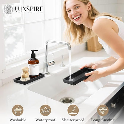 Luxspire Bathroom Vanity Tray - 2 Pack (7.9" x 4") Silicone Soap Dish for Kitchen Countertop, Bathroom Counter Tray for Soap Dispenser Perfume Jewelry Accessories, Matte Black