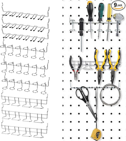 9 Pcs Pegboard Screwdriver Holders Organizer Pegboard Plier Holders Stainless Steel Peg Board Tool Utility Hooks Accessories Shelving Display Multi-Ring Tool Racks for Shop Store