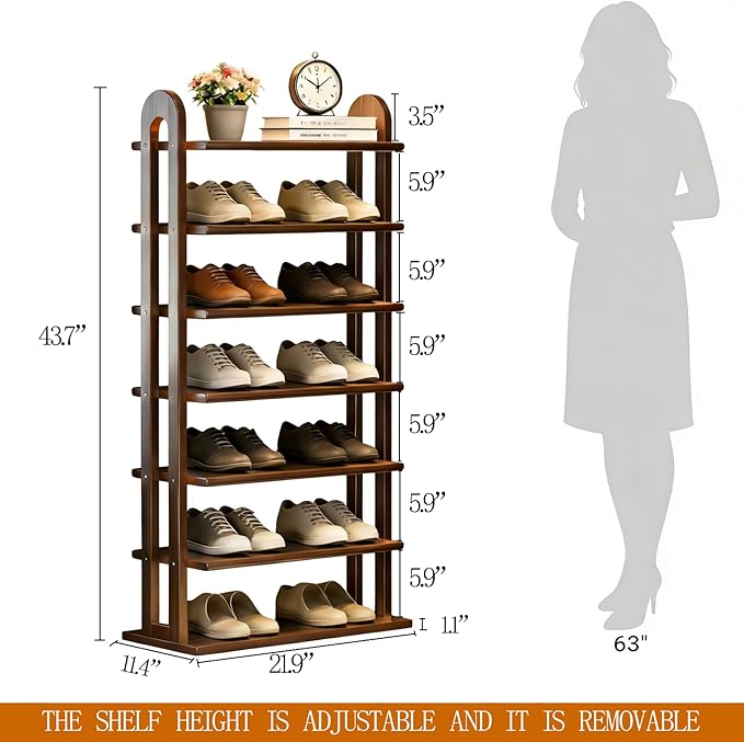 Vertical Shoe Rack - 7 Tier Tall Narrow Shoe Rack Organizer for Small Spaces, Skinny Shoe Shelf Space Saving Shoe Storage, Solid Wood Shoe Shelf for Entryway, Closet, Corner, Doorway, Walnut